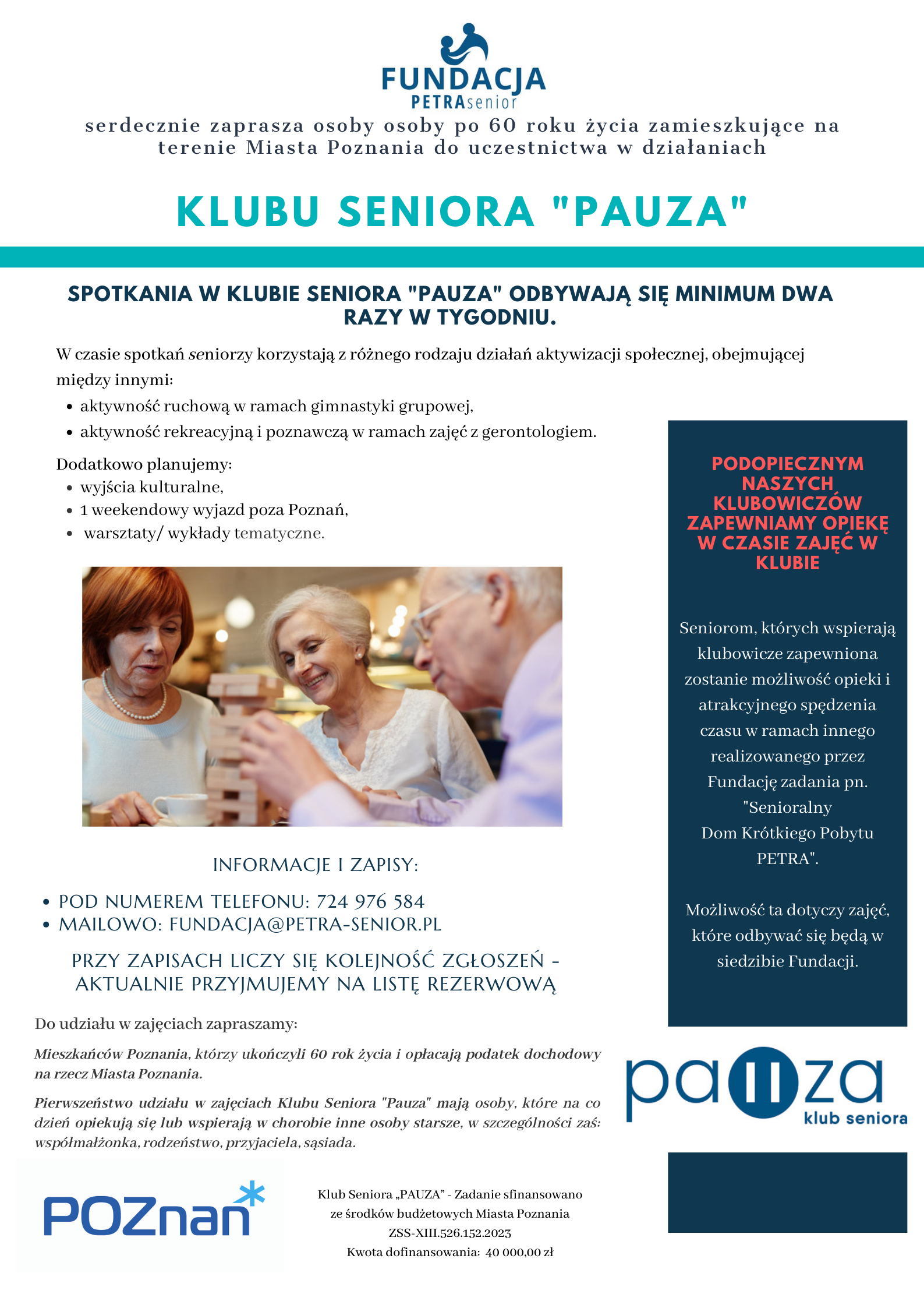 Spotkania w Klubie Seniora "Pauza" odbywają się Minimum dwa razy w tygodniu.