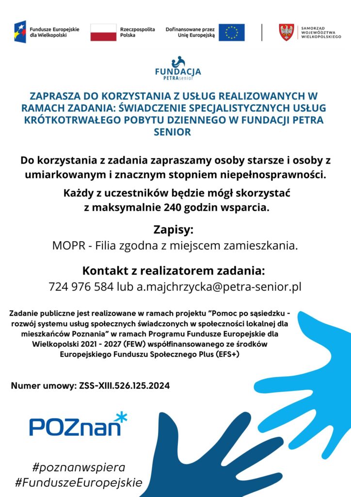 Świadczenie specjalistycznych usług krótkotrwałego pobytu dziennego w Fundacji PETRA senior