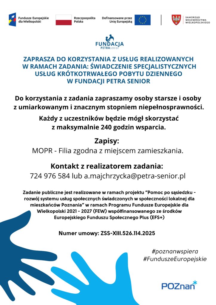 Świadczenie specjalistycznych usług krótkotrwałego pobytu dziennego w Fundacji PETRA senior
