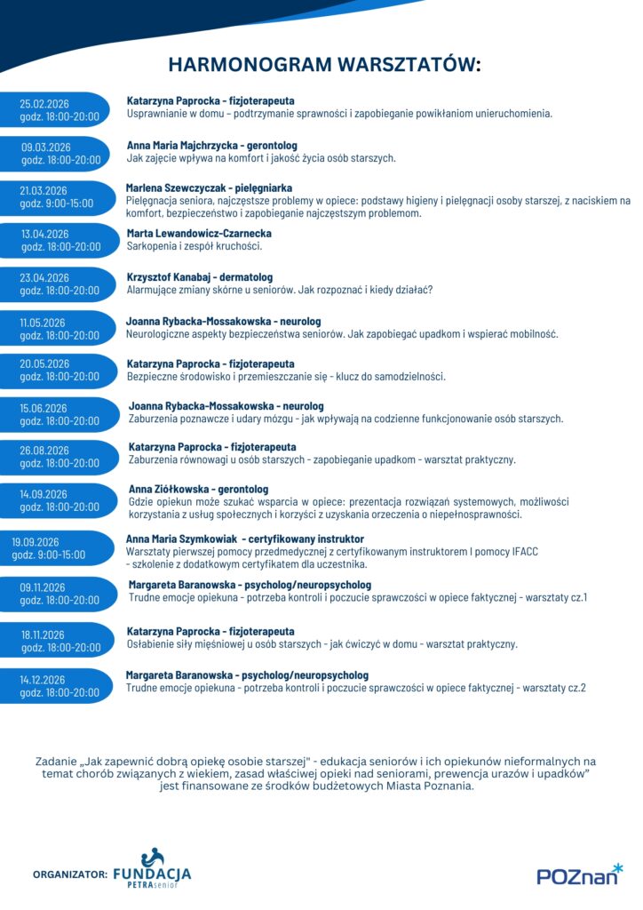 harmonogram warsztatów:
25.02.2026 godz. 18:00-20:00 Katarzyna Paprocka - fizjoterapeuta 
Usprawnianie w domu – podtrzymanie sprawności i zapobieganie powikłaniom unieruchomienia.
09.03.2026 godz. 18:00-20:00 Anna Maria Majchrzycka - gerontolog 
Jak zajęcie wpływa na komfort i jakość życia osób starszych.
21.03.2026 godz. 9:00-15:00 Marlena Szewczyczak - pielęgniarka  
Pielęgnacja seniora, najczęstsze problemy w opiece: podstawy higieny i pielęgnacji osoby starszej, z naciskiem na komfort, bezpieczeństwo i zapobieganie najczęstszym problemom.
13.04.2026 godz. 18:00-20:00 Marta Lewandowicz-Czarnecka 
Sarkopenia i zespół kruchości.
23.04.2026 godz. 18:00-20:00 Krzysztof Kanabaj - dermatolog 
Alarmujące zmiany skórne u seniorów. Jak rozpoznać i kiedy działać.
11.05.2026 godz. 18:00-20:00 Joanna Rybacka-Mossakowska - neurolog 
Neurologiczne aspekty bezpieczeństwa seniorów. Jak zapobiegać upadkom i wspierać mobilność.
20.05.2026 godz. 18:00-20:00 Katarzyna Paprocka - fizjoterapeuta 
Bezpieczne środowisko i przemieszczanie się - klucz do samodzielności. 
15.06.2026 godz. 18:00-20:00 Joanna Rybacka-Mossakowska - neurolog 
Zaburzenia poznawcze i udary mózgu - jak wpływają na codzienne funkcjonowanie osób starszych.
26.08.2026 godz. 18:00-20:00 Katarzyna Paprocka - fizjoterapeuta 
Zaburzenia równowagi u osób starszych - zapobieganie upadkom - warsztat praktyczny.
14.09.2026 godz. 18:00-20:00 Anna Ziółkowska - gerontolog 
Gdzie opiekun może szukać wsparcia w opiece: prezentacja rozwiązań systemowych: możliwości korzystania z usług społecznych i korzyści z uzyskania orzeczenia o niepełnosprawności.
19.09.2026 godz. 9:00-15:00 Anna Maria Szymkowiak - certyfikowany instruktor 
Warsztaty pierwszej pomocy przedmedycznej z certyfikowanym instruktorem I pomocy IFACC 
- szkolenie z dodatkowym certyfikatem dla uczestnika.
09.11.2026 godz. 18:00-20:00 Margareta Baranowska - psycholog/neuropsycholog 
Trudne emocje opiekuna - potrzeba kontroli i poczucie sprawczości w opiece faktycznej - warsztaty cz.1
18.11.2026 godz. 18:00-20:00 Katarzyna Paprocka - fizjoterapeuta 
Osłabienie siły mięśniowej u osób starszych - jak ćwiczyć w domu - warsztat praktyczny.
14.12.2026 godz 18:00-20:00 Margareta Baranowska - psycholog/neuropsycholog 
Trudne emocje opiekuna - potrzeba kontroli i poczucie sprawczości w opiece faktycznej - warsztaty cz.2

Zadanie Zadanie „Jak zapewnić dobrą opiekę osobie starszej" - edukacja seniorów i ich opiekunów nieformalnych na temat chorób związanych z wiekiem, zasad właściwej opieki nad seniorami, prewencja urazów i upadków”
 jest finansowane ze środków budżetowych Miasta Poznania.

Organizator: 
Fundacja PETRA Senior